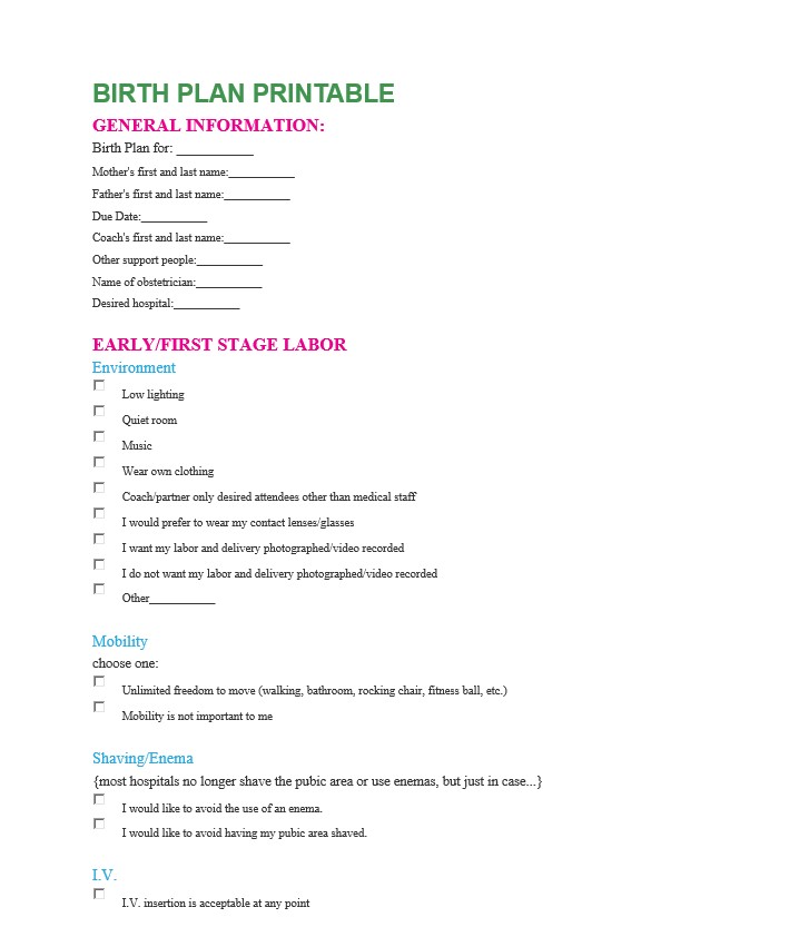 12+ Free Birth Plan Template Editable - Calypso Tree