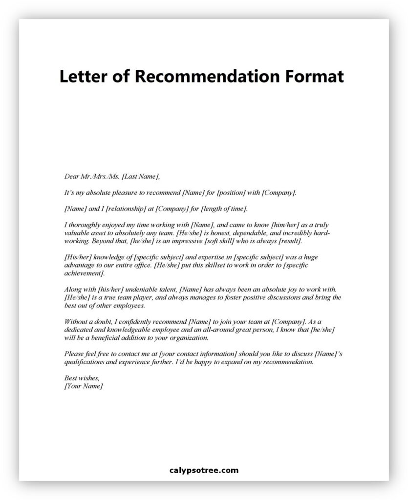 60 Best Letter Of Recommendation Example & Template - Calypso Tree