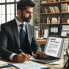 A professional office setting where a middle aged South Asian man in a suit is reviewing a grant letter of support template