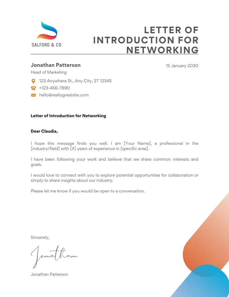 Professional Letter of Introduction for Networking